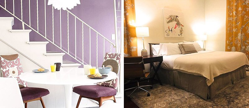 Left: Purple-and-white breakfast nook at Briarcliff Motel; Right: Bed and desk at The Barrington