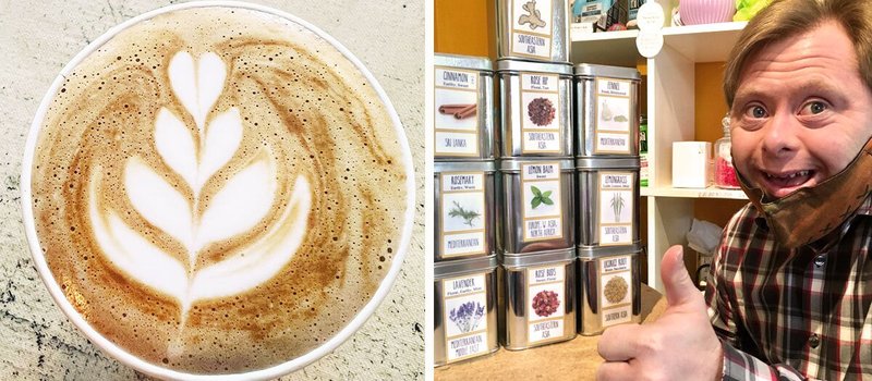 Left: Espresso drink from Fuel; Right: Person doing thumbs-up sign at ExtraSpecialTeas 