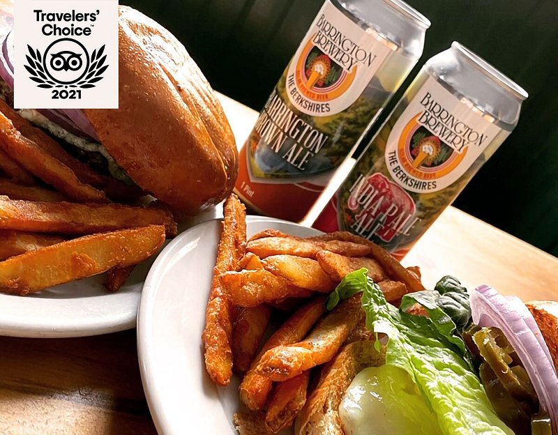 Cans of beer and burgers with sweet potato fries