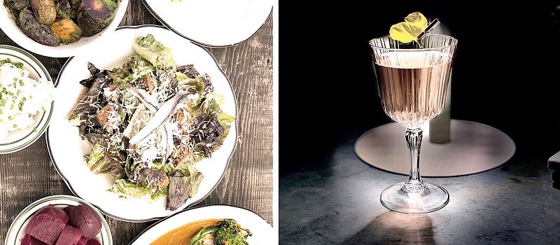 Left: Dishes from Prairie Whale; Right: Cocktail from Mooncloud