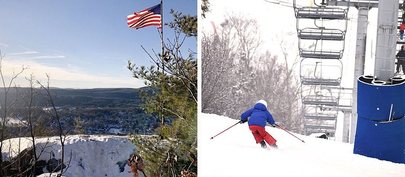 Left: Snowy overlook with American flag; Right: Person skiing under chairlift