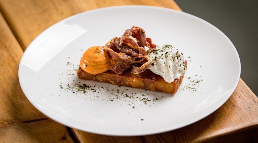 Lamb fat potato terrine, crispy lamb’s breast, poached hen’s egg, harissa mayonnaise