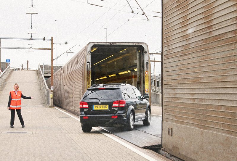 A car driving on the Eurotunnel Le Shuttle from Kent in the UK