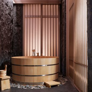 The hinoki (Japanese cypress) wooden tub is hand-crafted by artisans from Nagano Prefecture