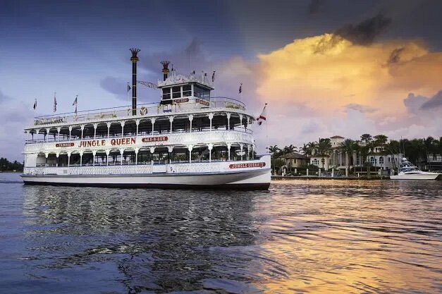 Two-story riverboat on the water