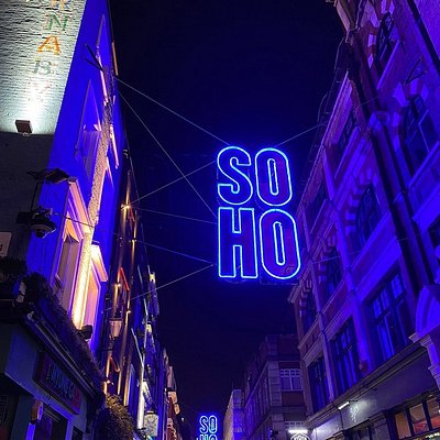 Neon Soho sign at night