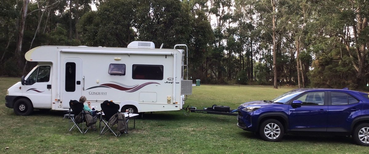Motorhome,trailer & car on trip to Brucknell scout camp at Brucknell approx 12 km from Timboon in western Victoria. Very pleasant bush setting, camp sites for motorhome,caravans & campers. Short distance to The Great Ocean Road. Very helpful staff.