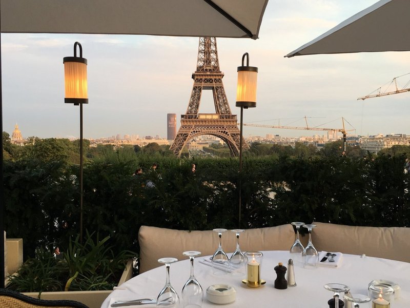 View of the Eiffel Tower from Girafe restaurant in Paris.