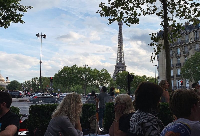 View of Eiffel Tower from Chez Francis restaurant in Paris