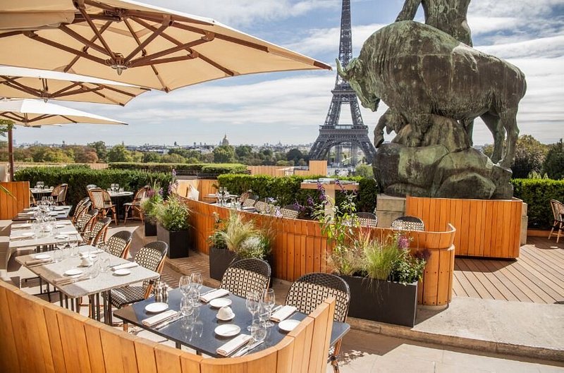 View of Eiffel Tower from Cafe de l’Homme in Paris
