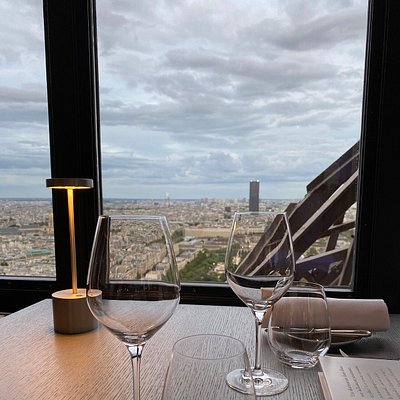 View from Le Jules Verne restaurant in the Eiffel Tower in Paris