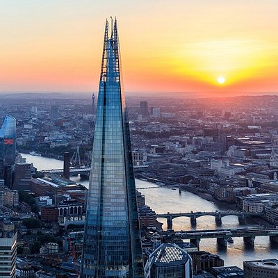 Aerial view of The Shard at sunset in London