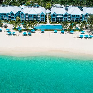 Aerial photo of Coral Stone Club, located on Seven Mile Beach, Grand Cayman.