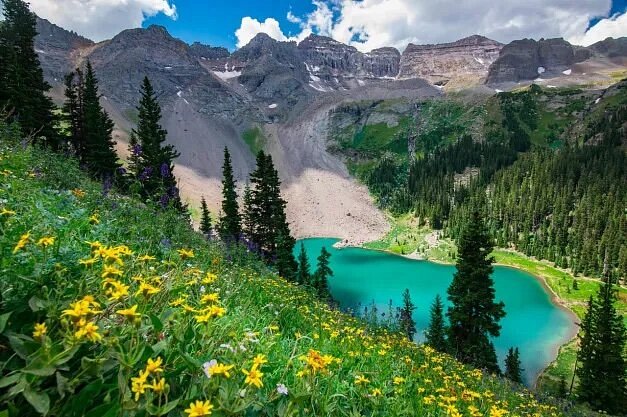 Bright blue lake surrounded by mountains and greenery