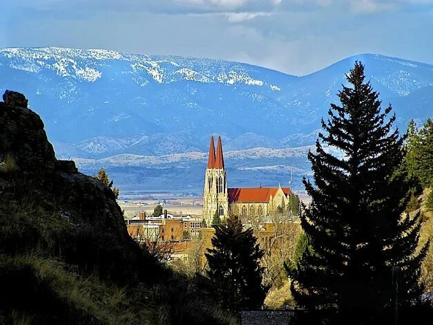 View of Cathedral of St. Helena between trees, with snow-capped mountains in distance