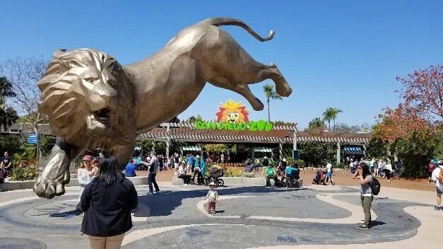Large bronze lion sculpture in front of San Diego Zoo