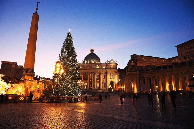 Christmas tree in front of St Peter's Basilica in Vatican City