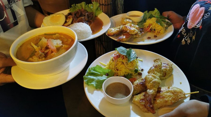 Beef loklak,khmer red curry,Chicken satay with mango salad 