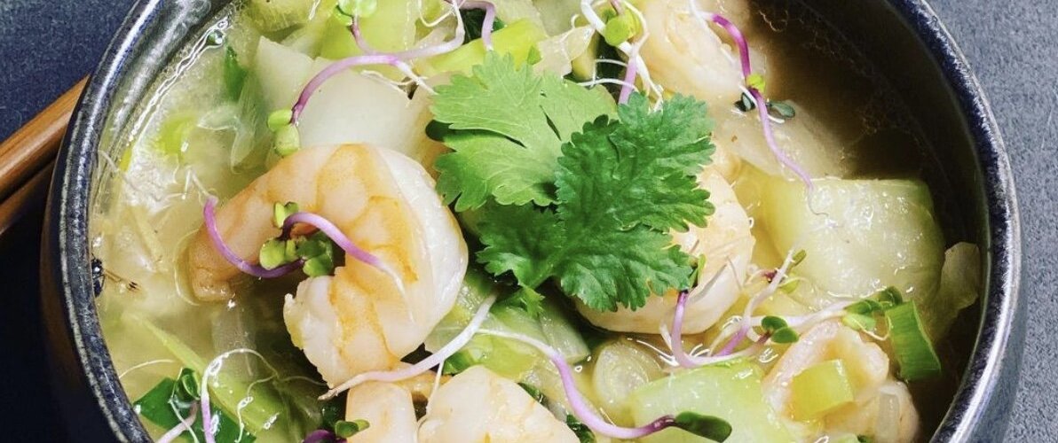 Paksoi king goong. Scampi's met paksoi, gember en honing.