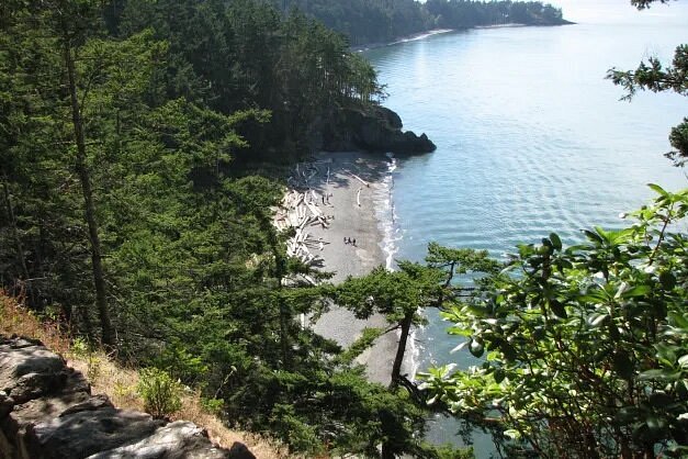 Overlooking dark-sand beach