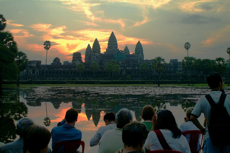 Sunrise rush to capture the beautiful silhouette of Angkor Wat in Cambodia.