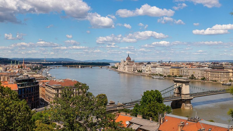 Panorama view of Budapest: Chain Bridge, Parliament, Margaret Bridge and the Danube River