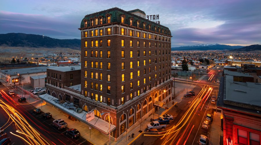 Historic Finlen Hotel Tower at night. 