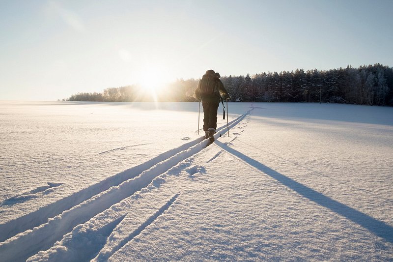 A cross-country skier skis into a sun low on the horizon, their tracks the only ones visible in the snow