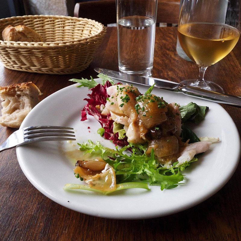A dish and wine from Le Baratin bistro in Paris