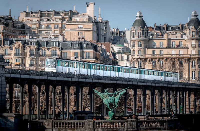 A metro train along the tracks in Paris