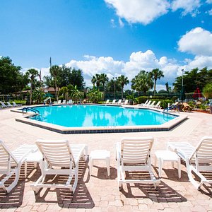 An outdoor swimming pool at Lehigh Resort Club in Lehigh Acres, FL.