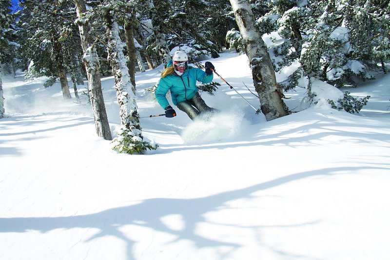 A person in a blue jacket, black gloves, a white helmet and large goggles skies through fluffy snow powder