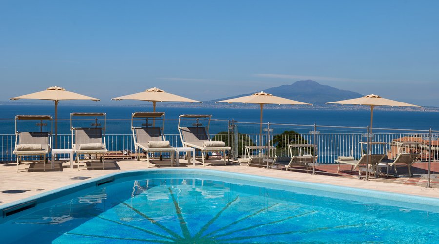 Roof top terrace with swimming pool and view of the gulf of Naples and Vesuvius