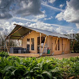 Our glamping Songbird Safari Tents give you the experience of sleeping under canvas, but with touches of comfort. They feature an outdoor deck area with seating and BBQ, kitchen/dining area and 2 bedrooms; one with a double bed and the other with 1 single and 1 bunk. 