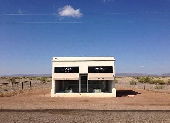 Exterior of Prada storefront installation in Marfa, Texas