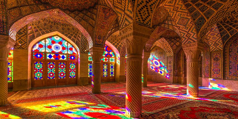 Interior windows of Nasir Al-Mulk, a traditional mosque in Shiraz, Iran.