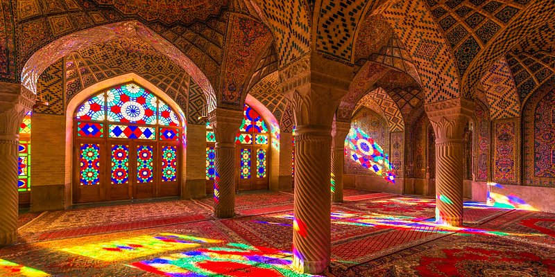 Interior windows of Nasir Al-Mulk, a traditional mosque in Shiraz, Iran.