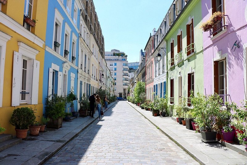 The pastel colored houses along Rue Crémieux in Paris