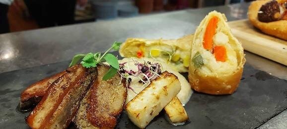 Baked fat duck liver with vegetable strudel and celery sauce (warm starter) 