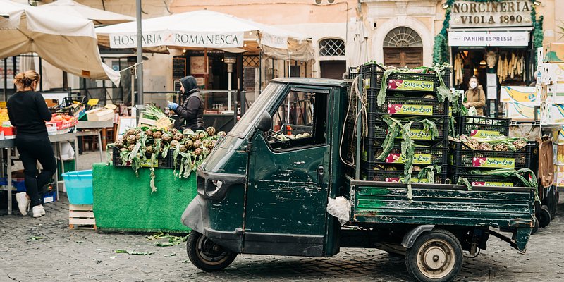 A quiet street scene at Campo de' Fiori farmers' market in Rome