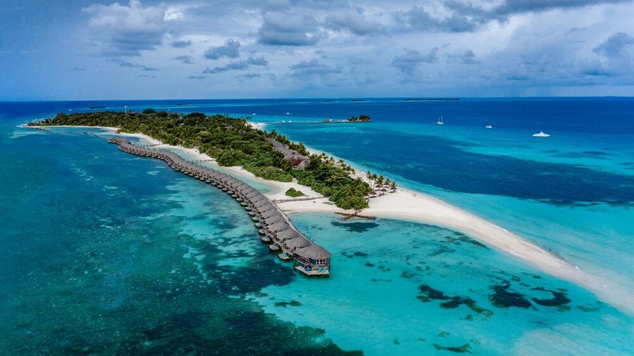 Areal of Kuredu with water villas and sandbank