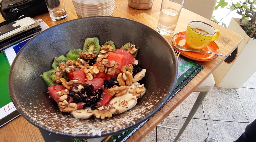 Acai fruit Bowl and coffee...an ideal start of the day