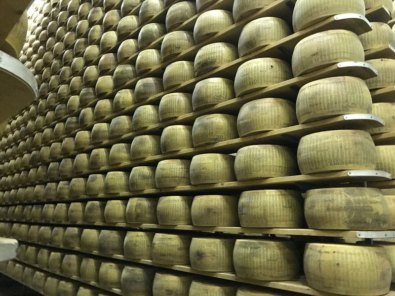 A wall of cheese rounds 