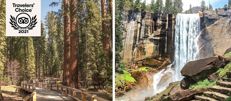 Left: Wooden walkway through forest; Right: Waterfall amid rocks