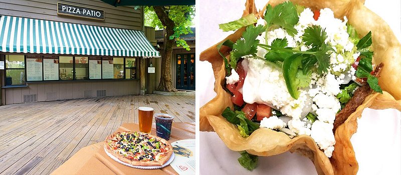 Left: Outdoor patio with pizza atop a table; Right: taco bowl