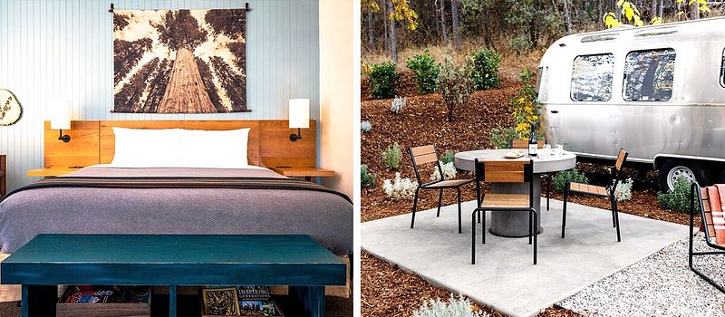 Left: Room with bed, bench, and photo of trees on wall; Right: Exterior of airstream and adjacent dining table