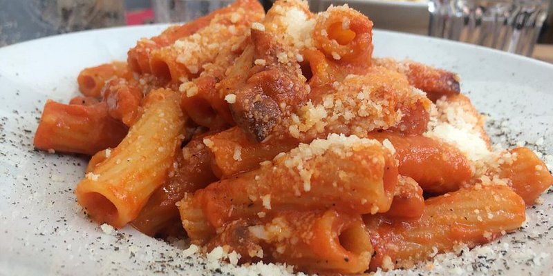 Plate of rigatoni amatriciana at Grazia & Graziella