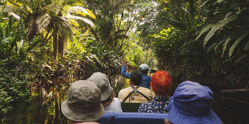 En tur som utforskar Amazonskogen med båt