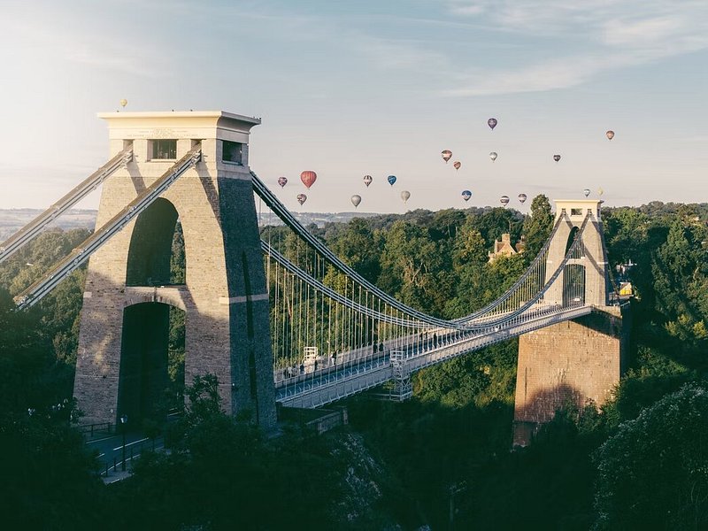 Clifton Suspension Bridge with hot air balloons in Bristol