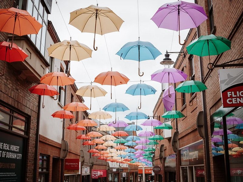Umbrellas hanging in the streets of Durham